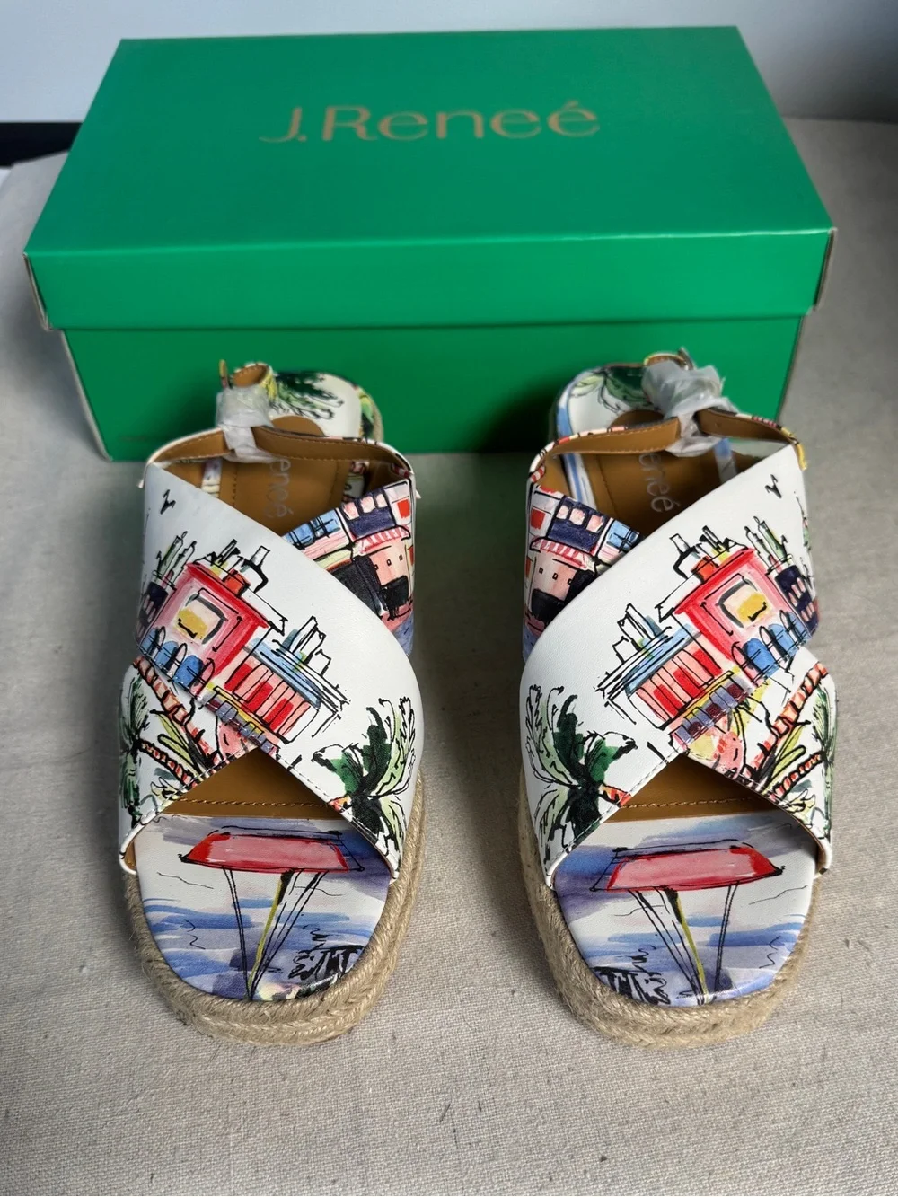 10 J. Renee Lannah White Sunset Multi Wedge Sandals Espadrilles Hawaiian Boats